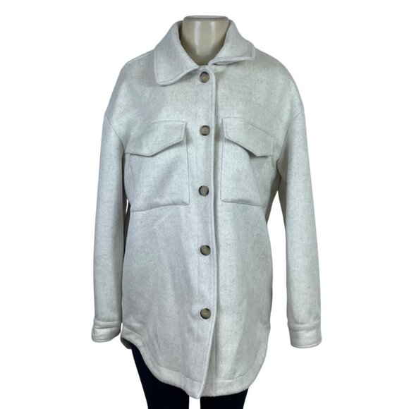 Line and Dot Light Beige Button-Up Coat With Chest Pockets & Collared Neck  Sz M - Picture 1 of 9